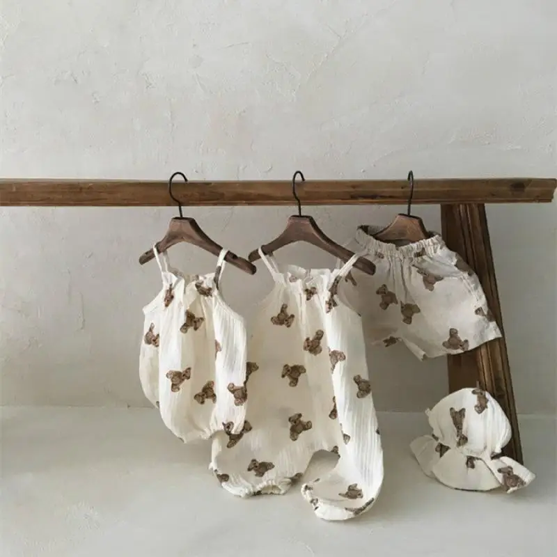 

2021 Summer Boys Girls Romper Jumpsuit for Kids Cotton Casual One-Piece with Bear Print Sleeveless Overalls Baby Matching Outfit