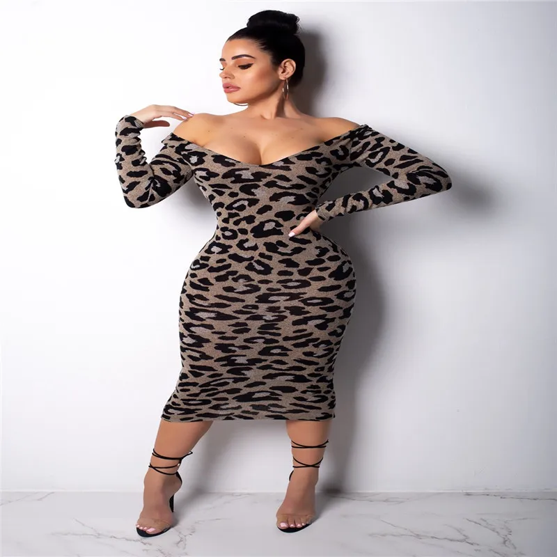 

Fashion Sexy Leopard Print Dress Women Long Sleeve Mid-calf Slim Slash Autumn Dress Streetwear
