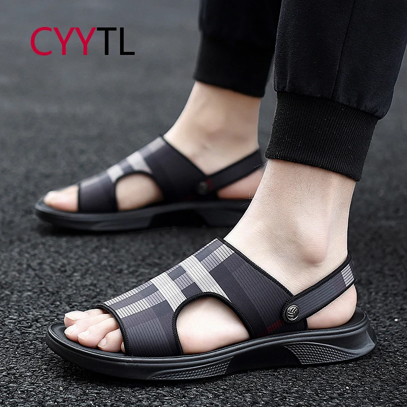 

CYYTL Men's Summer Leather Sandals Check Design Outdoor Sports Beach Shoes Fashion Open Toe Slippers Travel Zapatos De Hombre