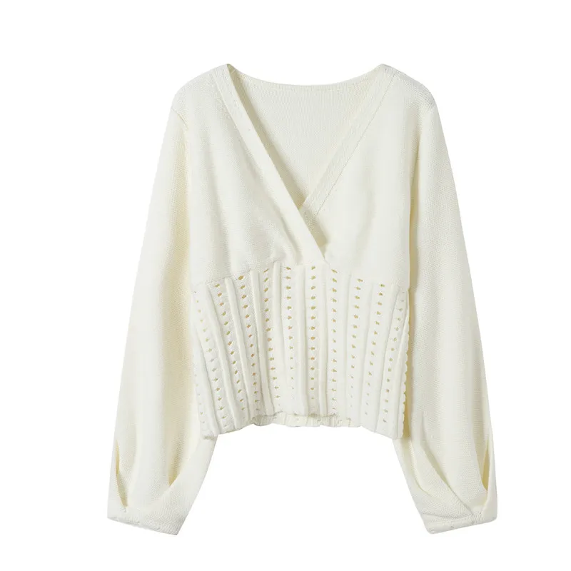 RealShe вязаный женский свитер с v образным вырезом и длинным рукавом фонариком топы