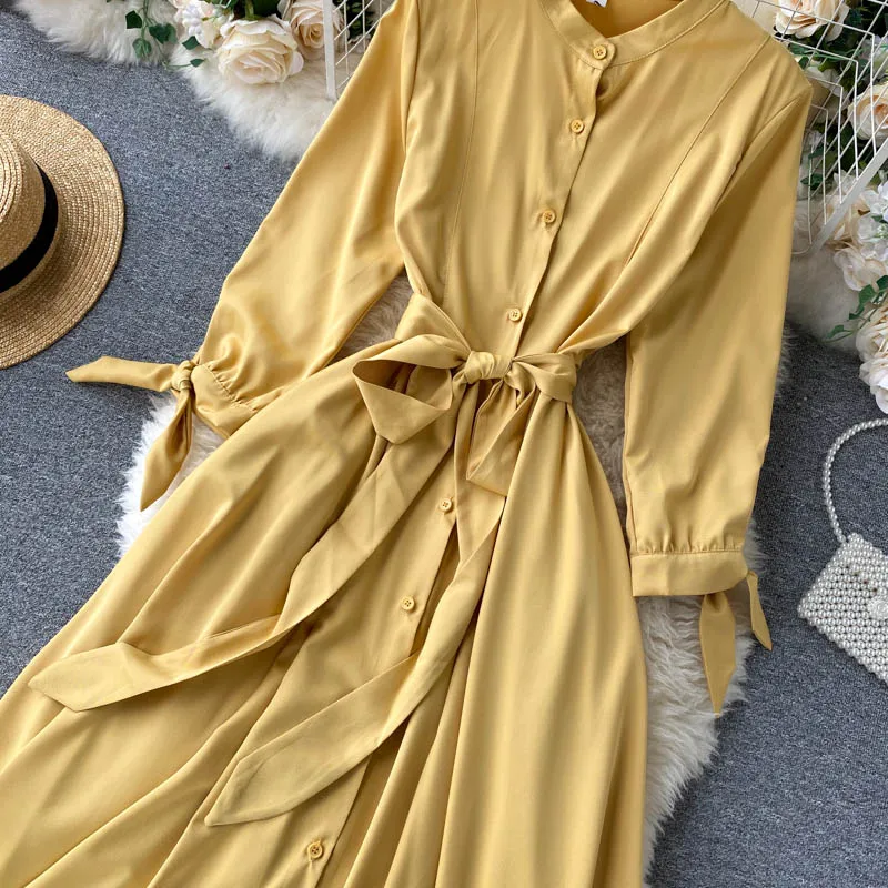 SINGRAIN Elegant Solid Women Dress Autumn Stand Collar Breasted Long Sleeve Lace up French Casual Streetwear A-line | Женская одежда
