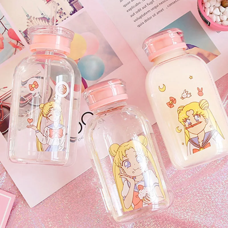 

Creative Water Cup Silor moon 450ml Glass Kawaii Water Bottle Eco Friendly Glass With A Straw Lid Glass Cute Drink Bottle Cups