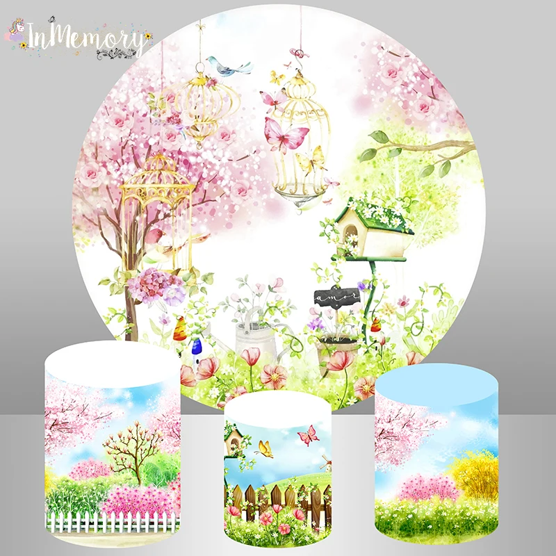 

Фон для студийной фотосъемки с изображением весеннего сада цветов круга праздника детского дня рождения конфет стола крышки бабочки