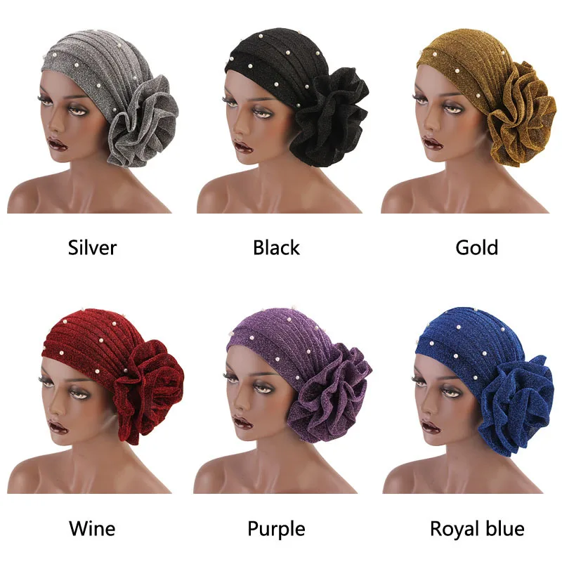 

2020 Muslim Pearls Polyester Flower Stretch Turban Ruffle Hair Hats Beanie Bandanas Scarf Head Wrap Headwear for Women 10
