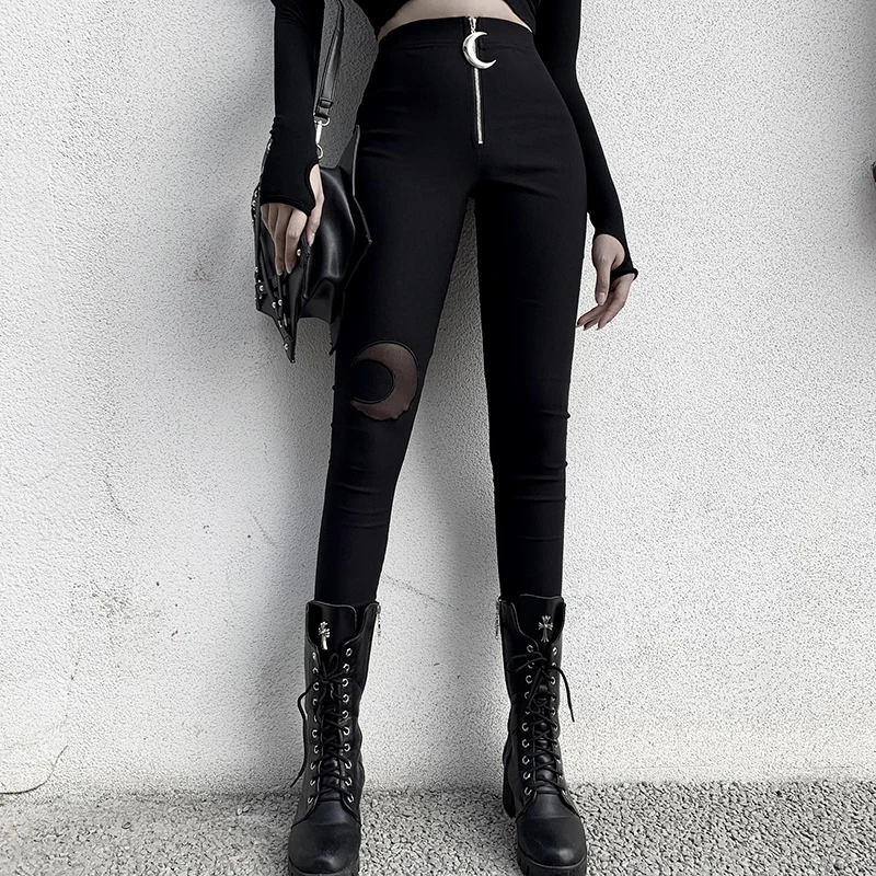 

Women Gothic Punk Pants High Waist Black Moon See Through Sexy Zip Skinny Legging Ladies Long Trousers Streetwear Vintage Pants