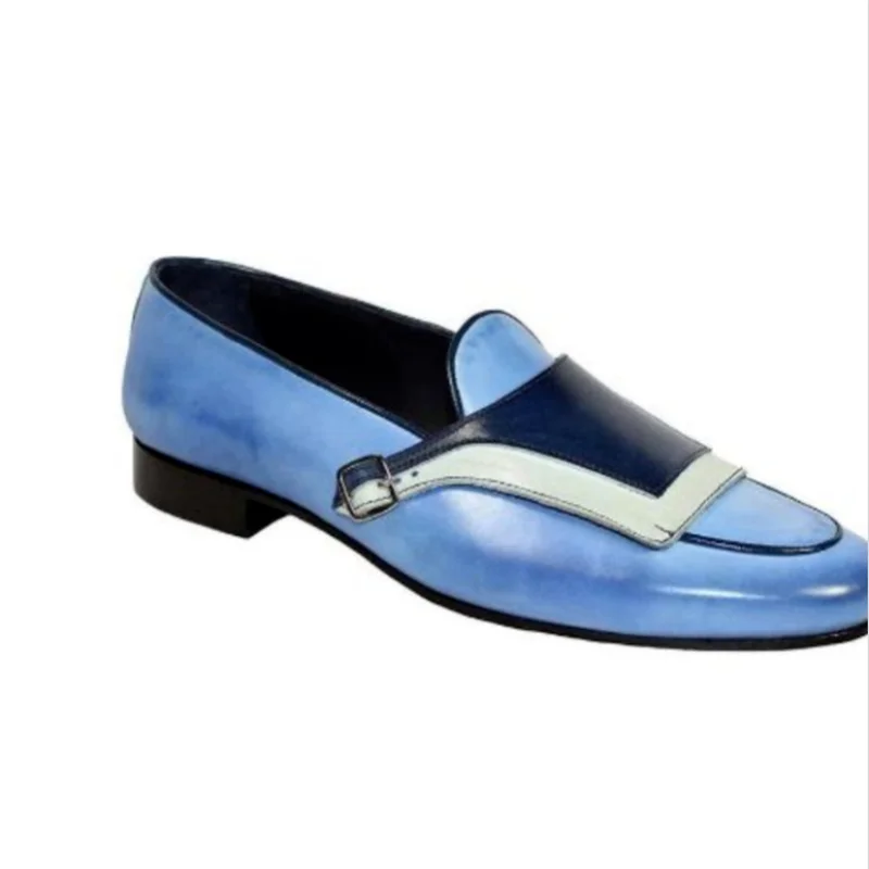 

Men's PU White and Black Stitching Buckle Decoration Low-heel Comfortable Men's Shoes Fashion Daily Business Casual Loafers Blue