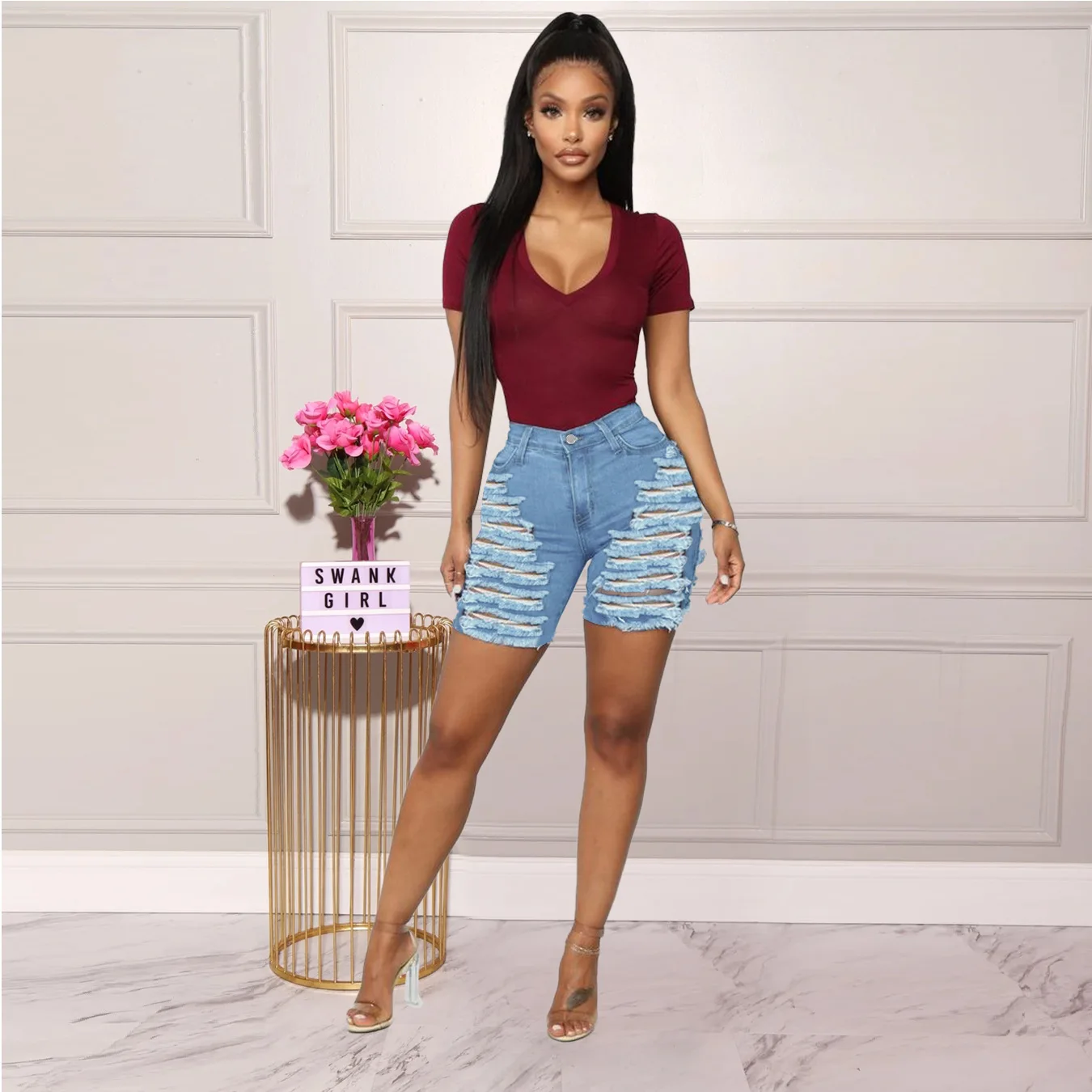 

Ripped Jeans Shorts 2021 Summer New Women Jeans Fashion Casual Washed And Frayed Elastic Denim Scanties Straight Leg Shorts