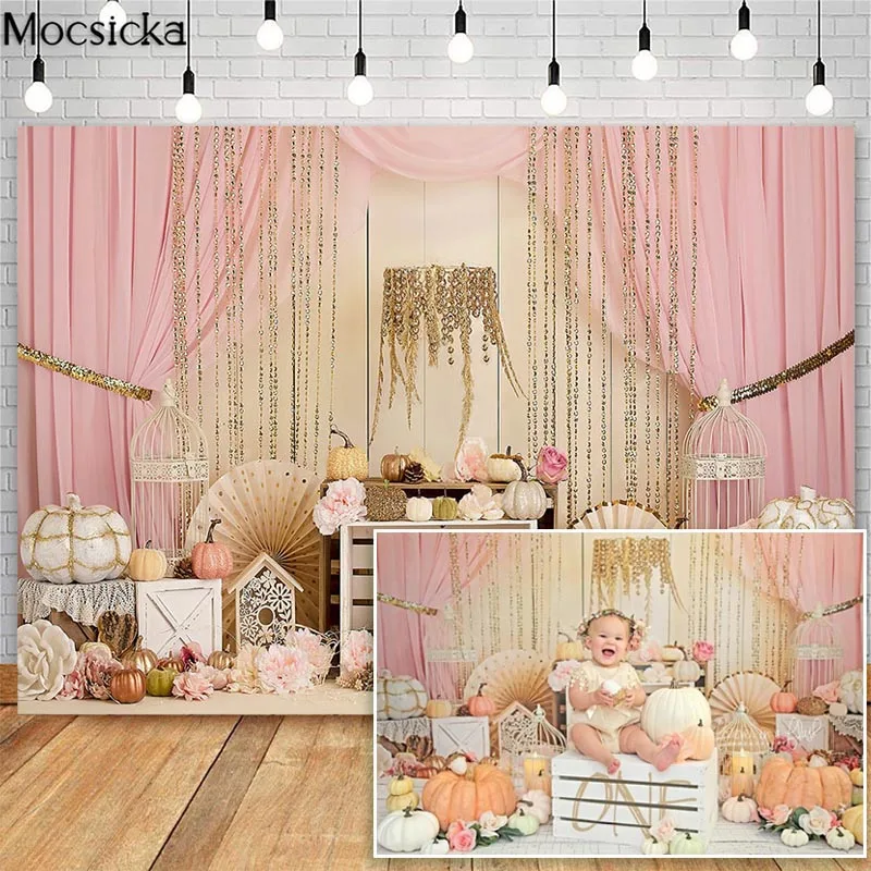 

Mocsicka Pink Pumpkin Cake Smash Photography Backdrops Curtain Girl 1st Birthday Photocall Background Photo Studio Props