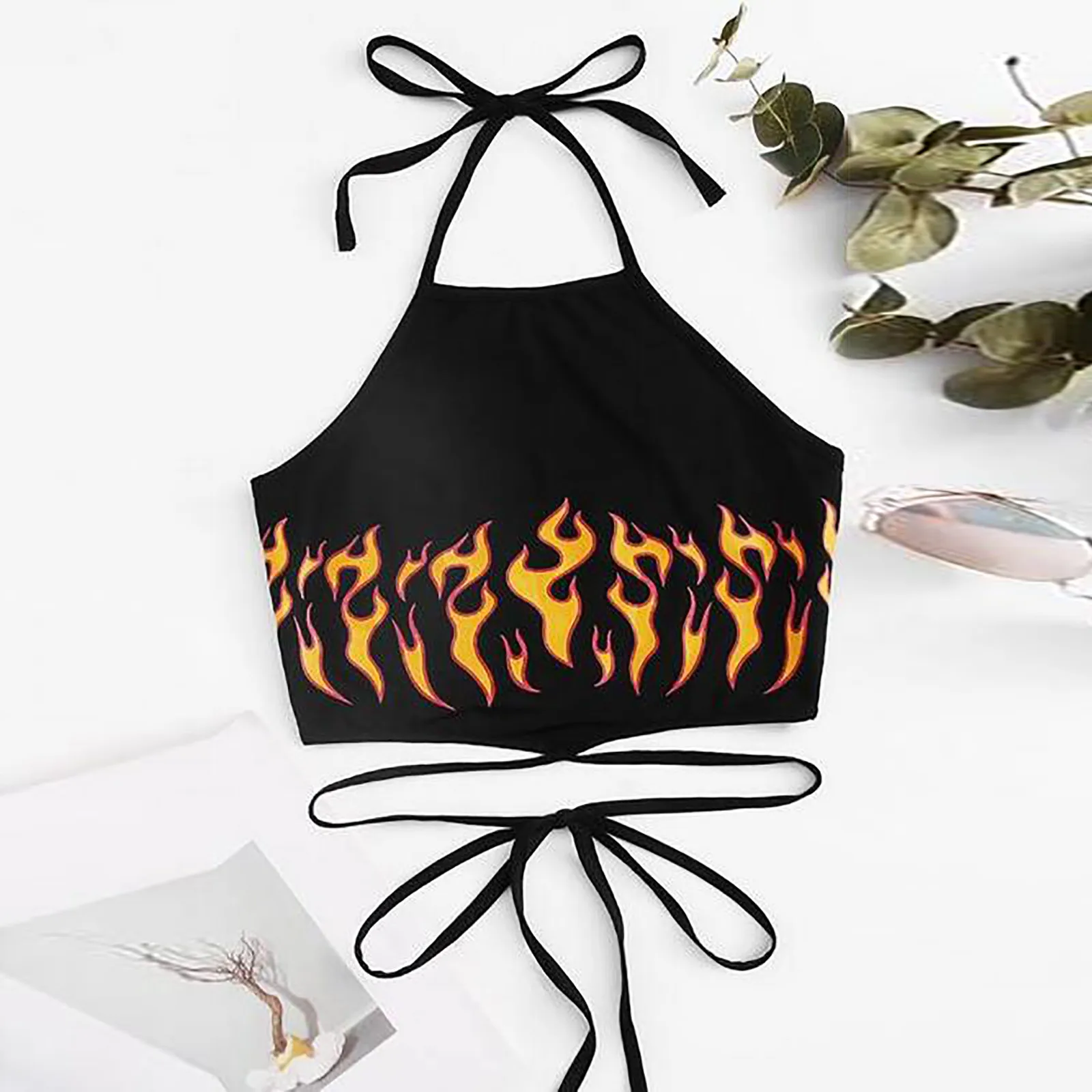 Женская футболка 2021 женские топы с принтом пламени пуловер без рукавов ремешком
