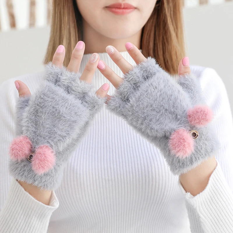 

Plush Women Flip Half-finger Gloves Cartoon Warm Mittens Thicken Short Girls Fingerless Gloves Touch Screen Mittens