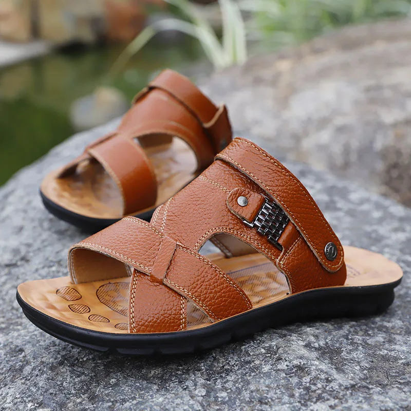 

2021 New Men's Shoes Fashion Casual Summer Solid Color PU Cross Open Toe Two Wear Flat Heel Comfortable Sandals HL581