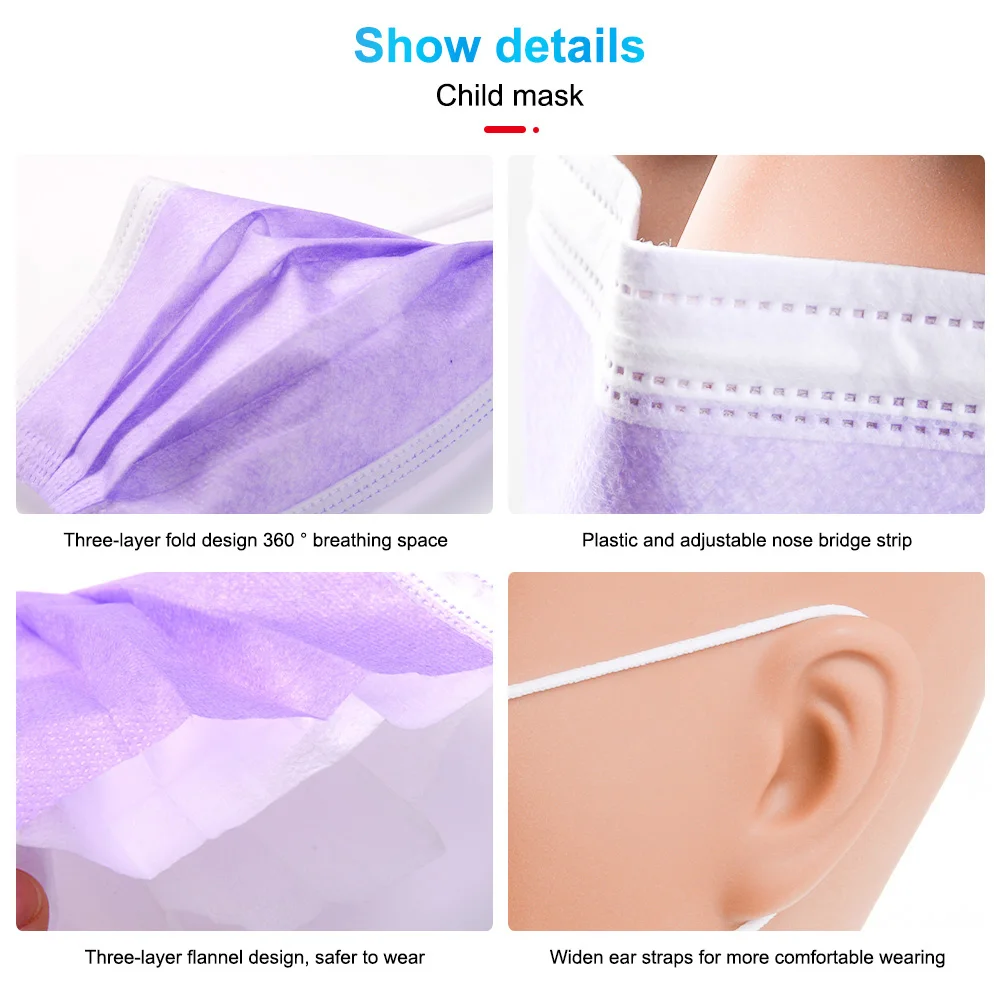 

10-200pcs Kids Child Disposable Face Mask Purple Mouth Mask 3 Layer Meltblown Dustproof Safety Protective Mascarilla Mondkapjes