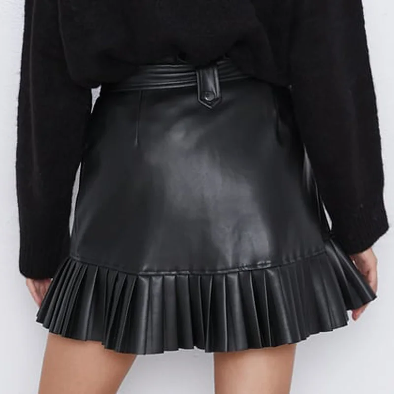 

PU Women Skirts Fashion Faux Leather Women Elegant Tie Belt Waist Mini Skirts
