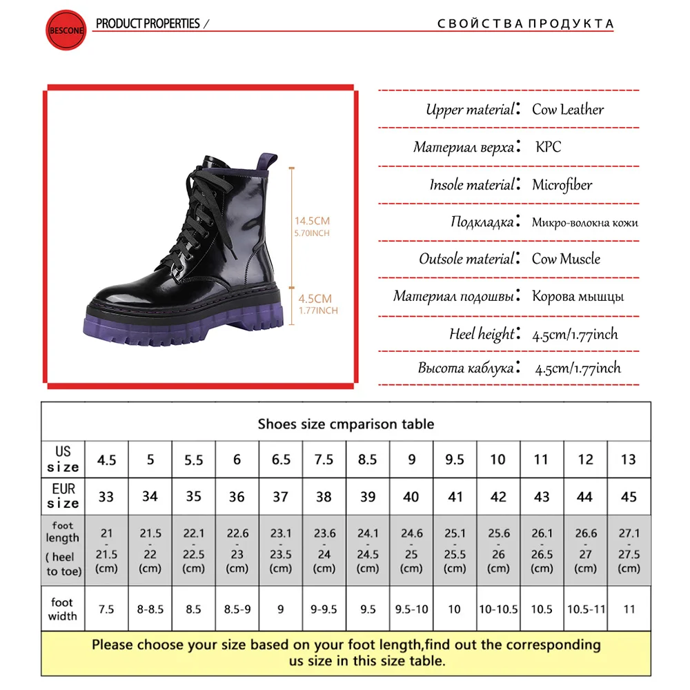 

Bescone Casual Style Ankle Boots Woman Genuine Leather Lace Up Short Boots Woman Flat Thick Purple Bottom Women's Shoes BO753