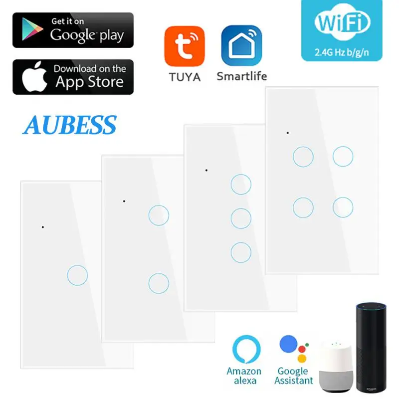

AUBESS Alexa Smart Switch Standard Tuya Control Works With Google Home Voice Control 1-4Gang WiFi Smart Home Touch Switches US