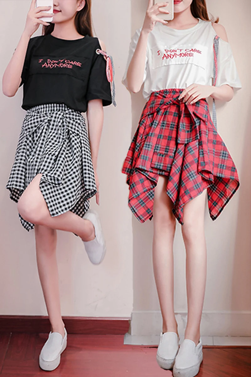 

Red Plaid Skirt Sleeve Waist Short Skirts for Women Dancer Summer Black Plaid Asymmetrical Hip Hop Cotton