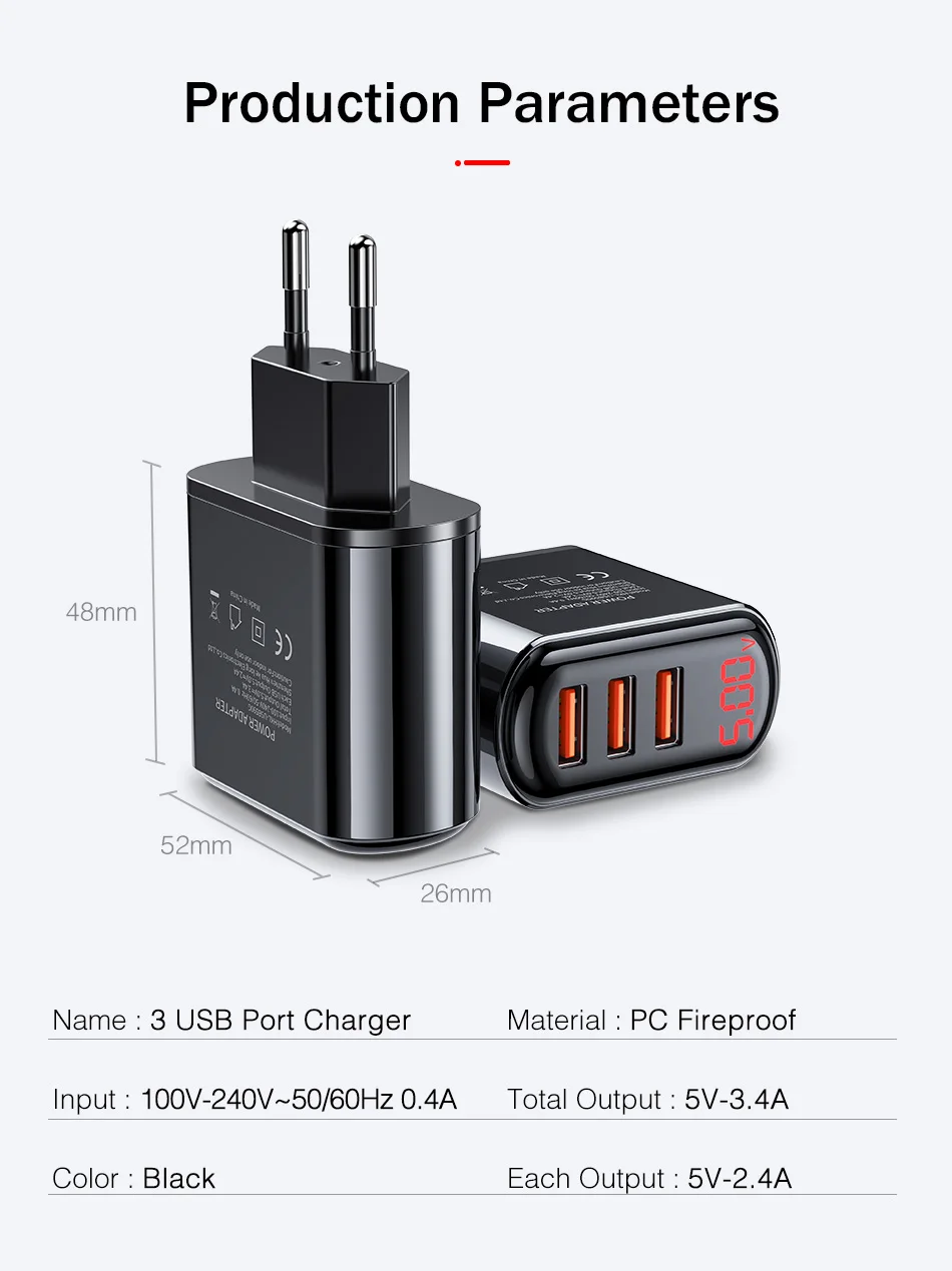 YKZ Quick 3,0 3 USB зарядное устройство светодиодный дисплей 3.4A быстрое зарядное устройство настенное зарядное устройство для iPhone samsung Xiaomi 18 Вт ЕС смартфон зарядное устройство s