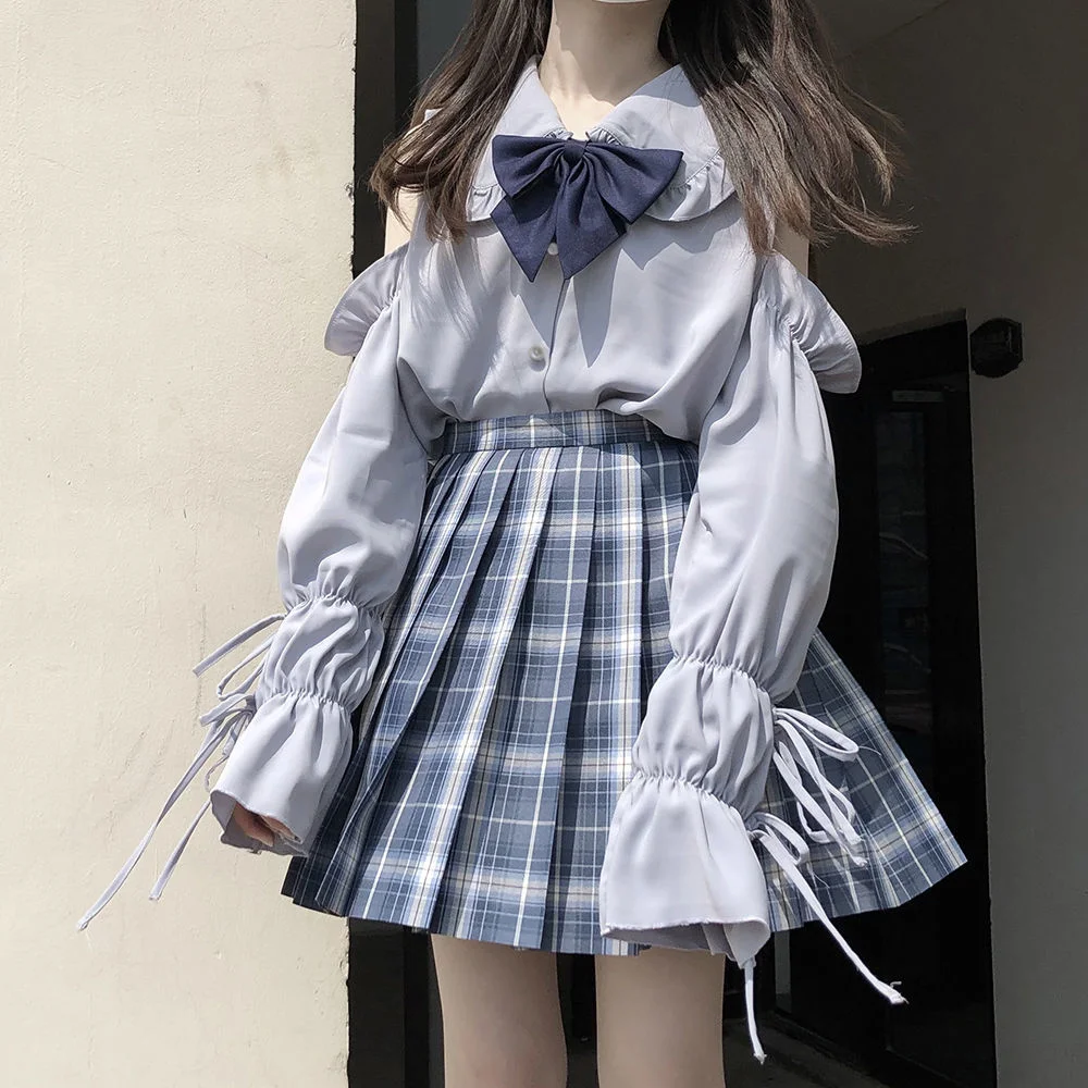 

Women Shirts Off Shoulder Peter Pan Collar Sweet Lolita Tops Lovely Solid Long Lantern Sleeve Bow Lace Up Female Leisure Shirt