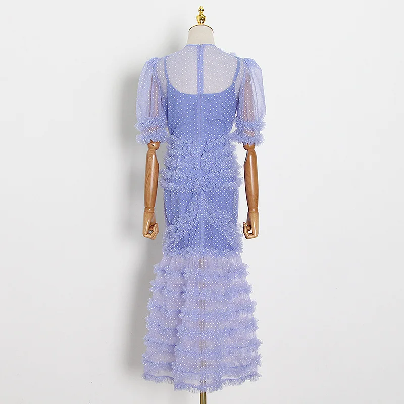 Женское платье макси в горошек летнее Сетчатое Полупрозрачное с высокой талией и