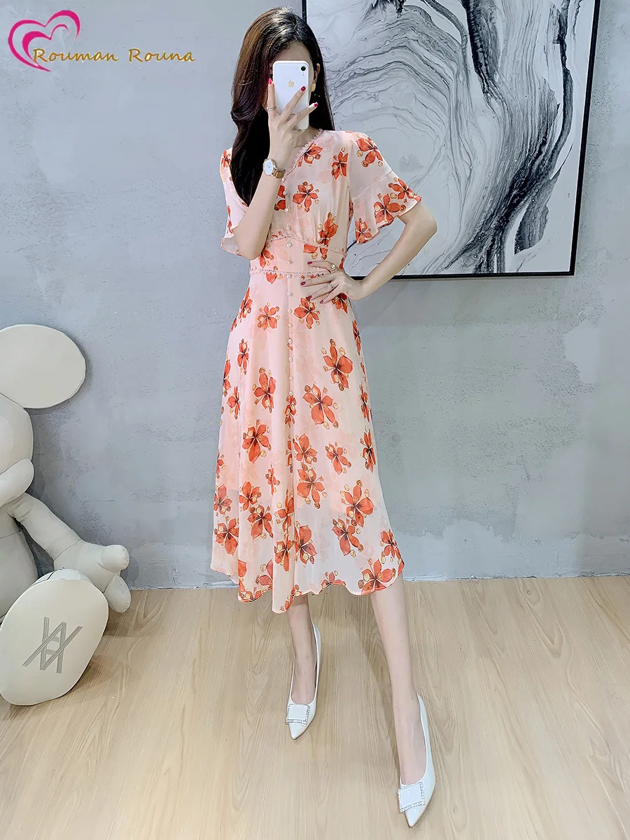

Feminine printed dress 2021 summer women's new waist slim V-neck dress