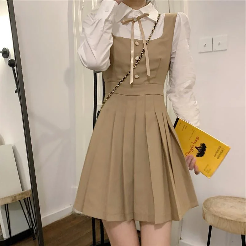 

Fashion Patchwork Waist Pleated Mini Dress Shirt Puff Sleeve Long Sleeve Version Y2k Cute 2021 Spring and Autumn Vintage Dress