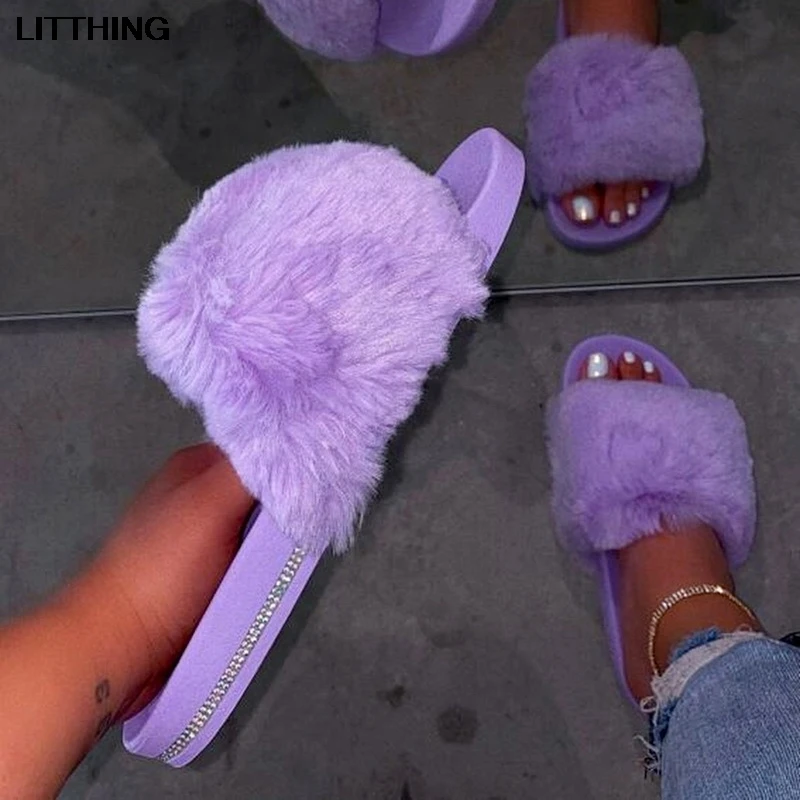 

Bling Women Fur Slippers Winter Furry Plush Ladies Flats Flip Flops Female Fluffy Indoor Outdoor Shoes Woman Slip On Home Slides