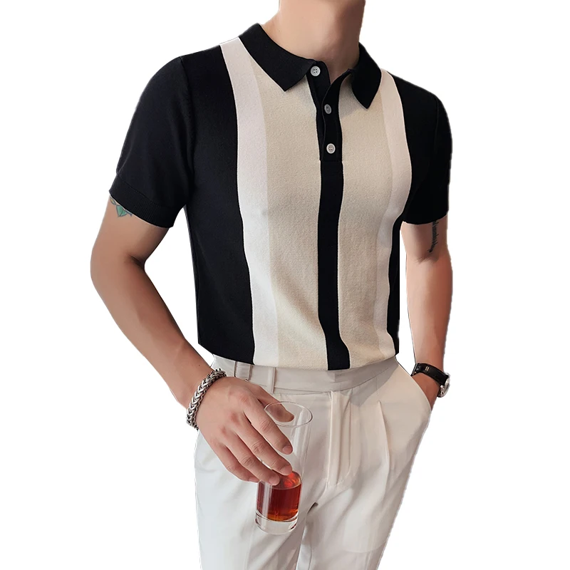 

Polo Shirt Knitted Men 2021 Summer Short Sleeve Polo Shirts Stripe Splicing Business Casual Men Clothing Slim Office Social Top