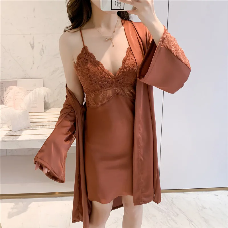 

Bride Bridesmaid Wedding Robe Set Sexy Women 2PCS Sleepwear Spring Full Slip Lace Kimono Bathrobe Gown Satin Intimate Lingerie