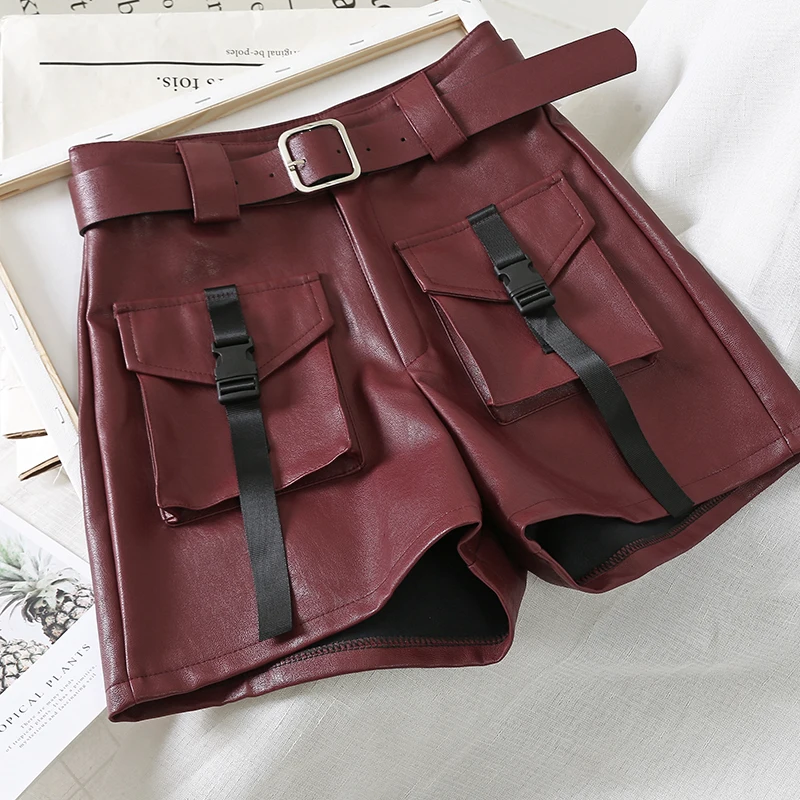 Женские осенне зимние кожаные шорты повседневные однотонные с 2019 карманами