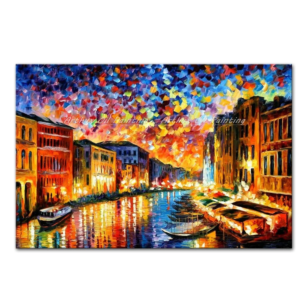 100% ручная роспись абстрактные городские лодки палитра нож Толстая картина