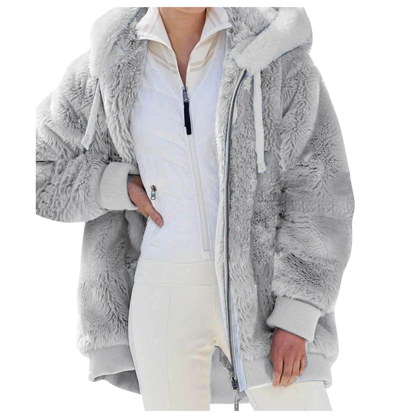 

Women's Stitching Pocket Hooded Pullover Sweatershirt Warm Artificial Wool Pockets Coat Outwear New Women Outdoor Jacket