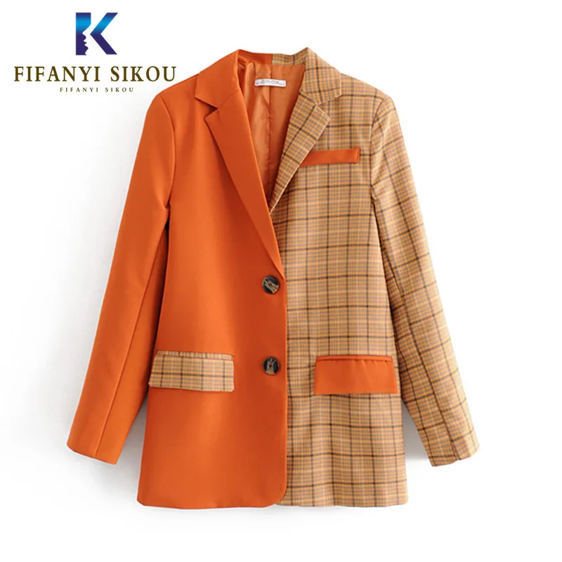 

Женский блейзер в клетку, повседневный свободный офисный блейзер в стиле пэчворк с длинным рукавом, весна-осень