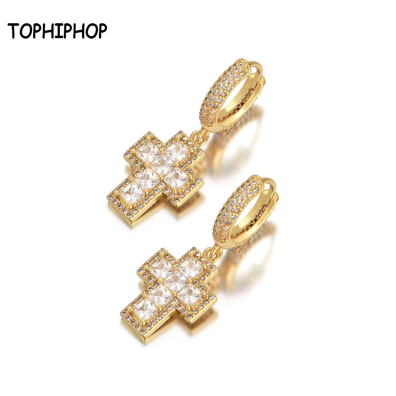 TOPHIPHOP лед из ювелирных изделий квадратный циркон серьги-капли с крестиком для невест Высококачественные позолоченные серьги в форме Креста для женщин, подарки на день рождения