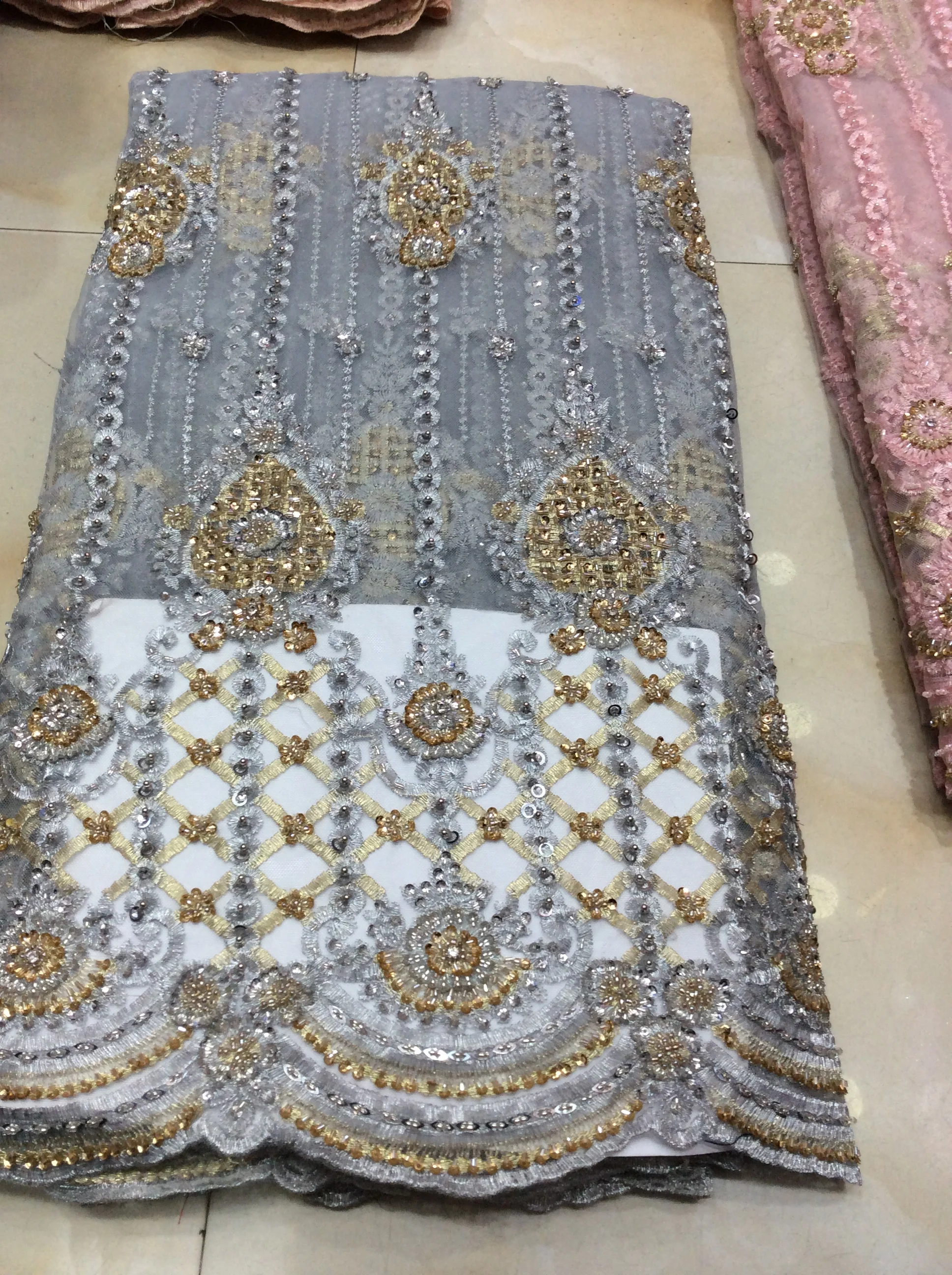 top quality beaded handmade French net lace fabric African mul ti color embroidery tulle with beads for ladies dress | Дом и сад