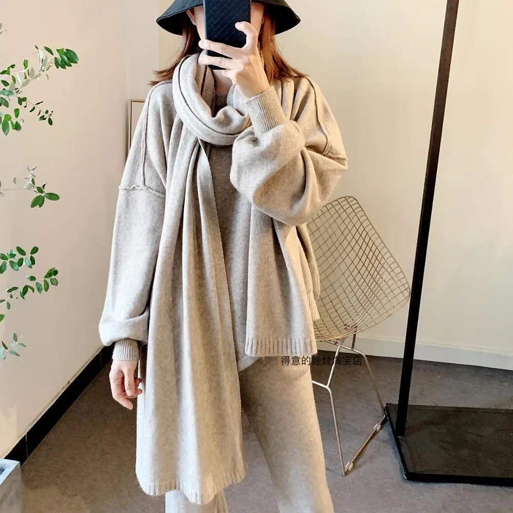 Женский шерстяной Теплый вязаный костюм пуловер с широкими штанинами и штаны