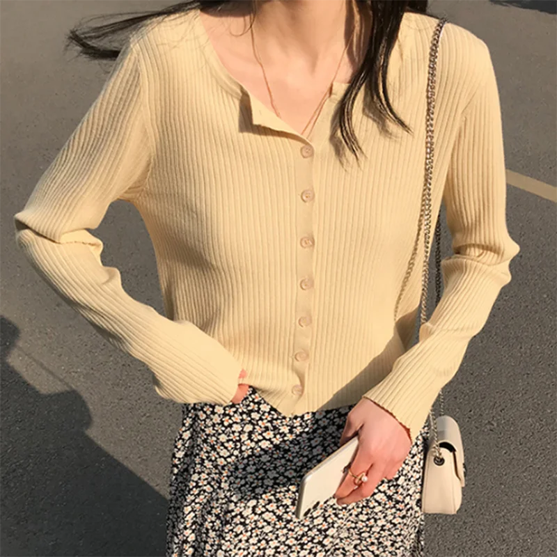 

Vintage Long Sleeve Cropped Cardigan Korean Button Knitted Sweater 2021 Spring Casual Solid V Neck Slim Outwear Tops