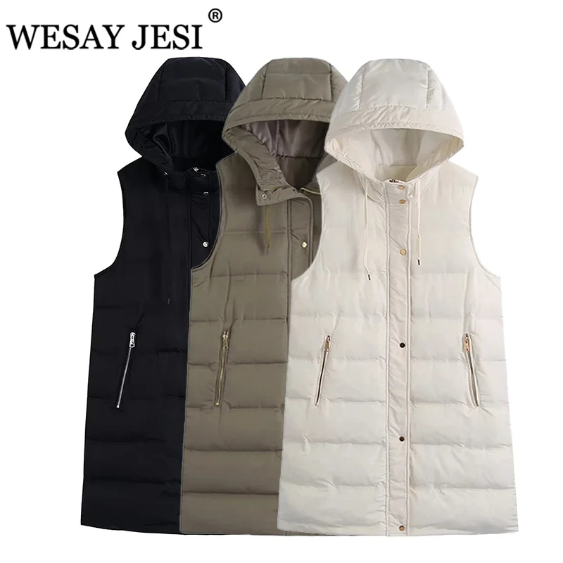 WESAY JESI Coats Woman Winter 2021 Jacket Hooded Warm Thick Long Vest Woman Casual Padded Vest Outerwear Zipper Pocket Waistcoat