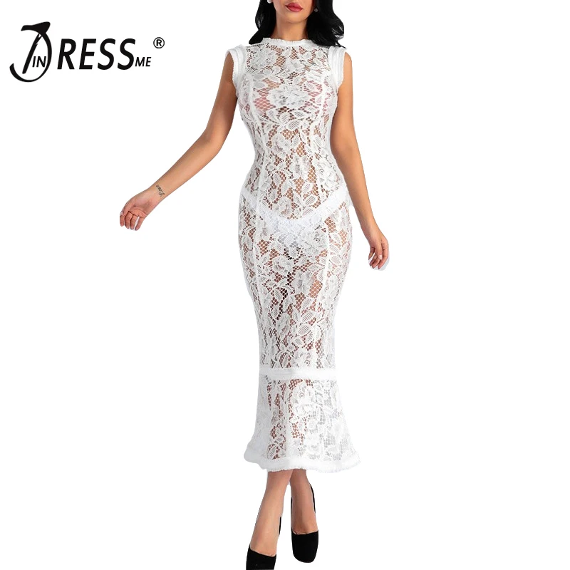 Женское кружевное платье без рукавов INDRESSME Клубное длинное с круглым вырезом