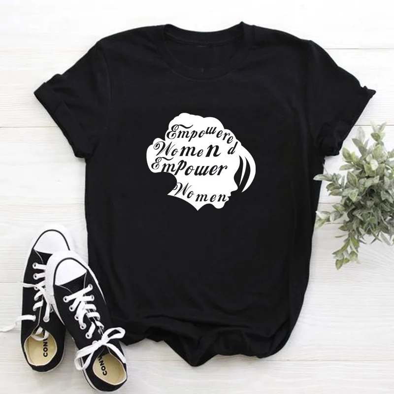 black tee white text Женская графическая футболка Hipster мощная феминистка Женская винтажная рубашка гранж Хлопковая женская футболка гранж Цитата Топ - Цвет: black tee white text