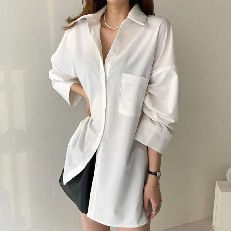 

Shirt Women's New Korean Chic Simple All-Match Loose Temperament Design Mid-Length Long Sleeve Shirt