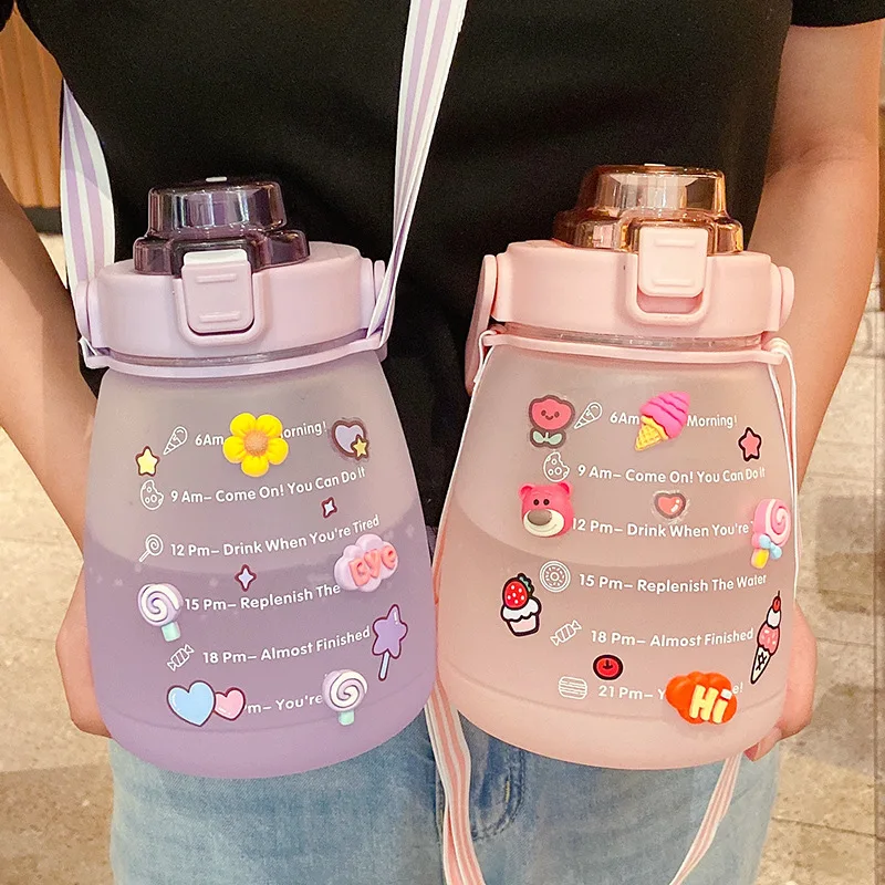 

Cute Girls Water Bottle with 3D Stickers Straw Big Belly Cup1400ml Sports Bottle for Children Female Kettle with Strap