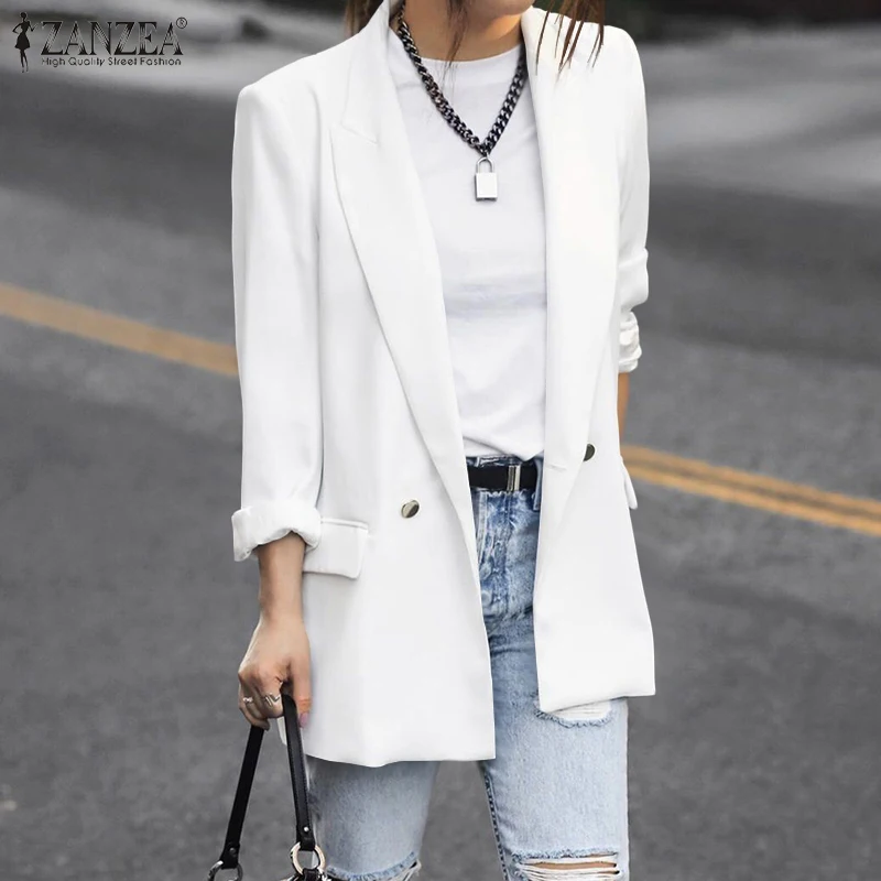 

Женское повседневное офисное пальто оверсайз ZANZEA 2021, шикарный белый блейзер, модная Осенняя верхняя одежда, Офисная Женская одежда с длинны...