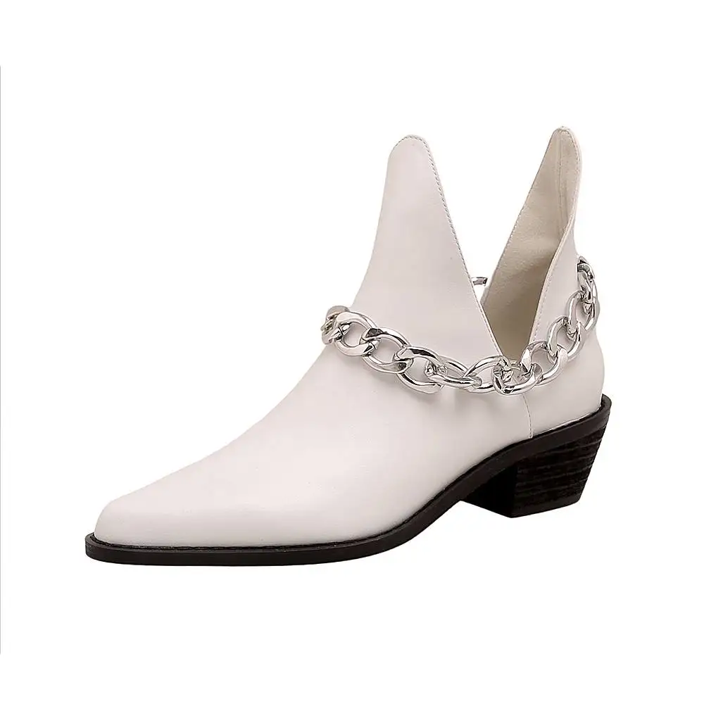 

krazing pot cow leather pointed toe silver color chain gorgeous slip on Autumn fashion icon thick med heels rock ankle boots l21