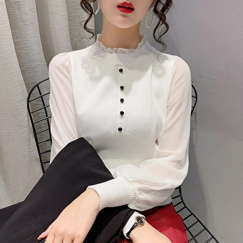 

Ms spring new chiffon stitching knitted T-shirt contention, pearl loose long-sleeved blouse buttons render unlined upper garment