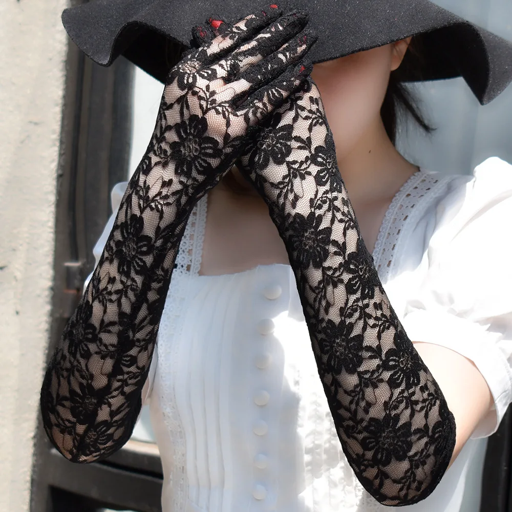 Женские черные и белые кружевные перчатки для защиты от солнца длинные вождения