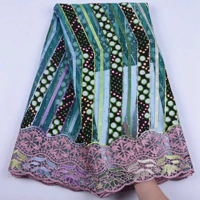 

Teal Green African Lace Fabric Guipure Embroidery Wax Lace French Lace Fabric With Rhinestones Tulle Lace For Women Dress S1705