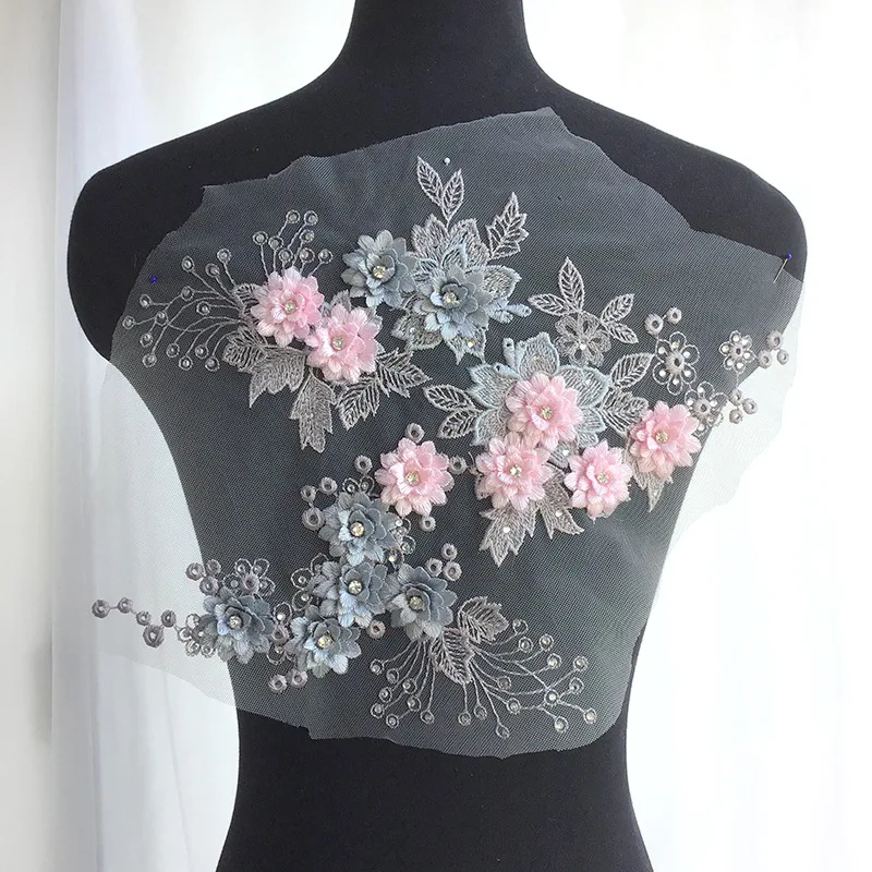 

New 3D Grey PInk Flower Beaded Mesh Embroidery Patch Wedding/Evening Dress Clothing Sew Patches Diy Floral Lace Fabrics Applique