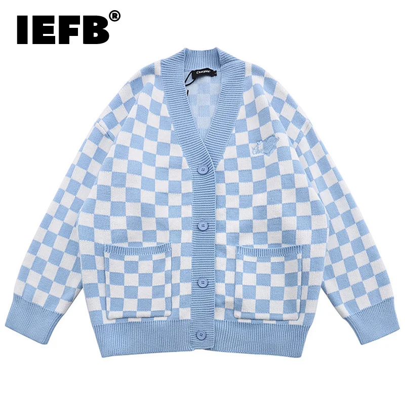 

IEFB Color Blocking Plaid Sweatercoat Men's Ins Streetwear Loose V-neck Single Breast Kinttwear Autumn Winter Fashion Top 9Y9591