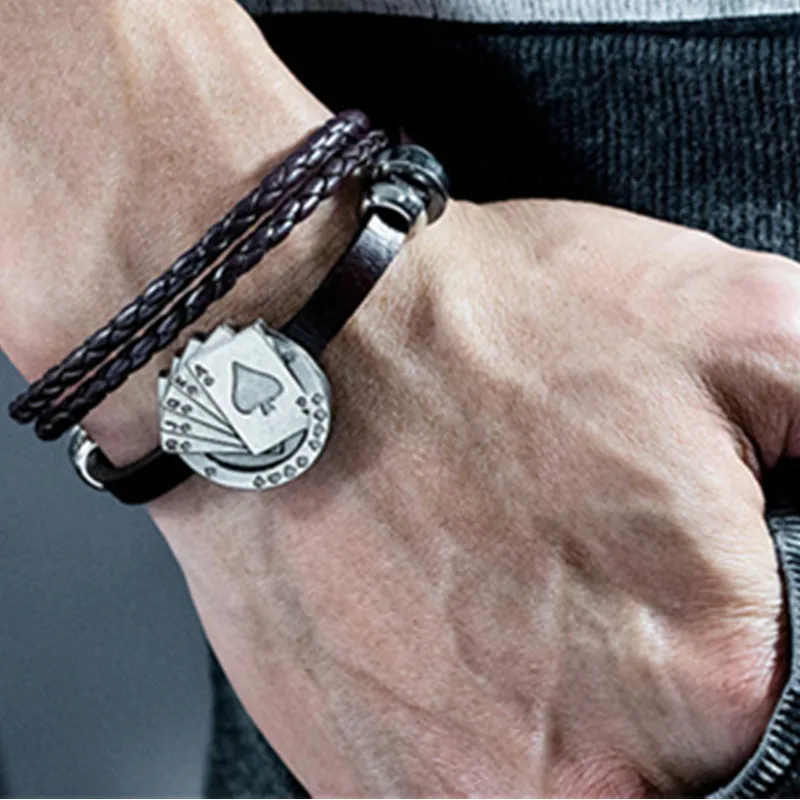 Мужской кожаный браслет Lucky многослойный Плетеный с изображением игральных карт