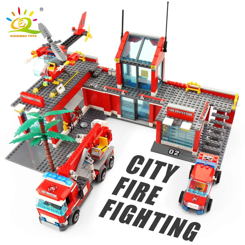 

Конструктор пожарная станция 744 шт., грузовик, вертолет, городской автомобиль, фигурка Пожарника, детский подарок